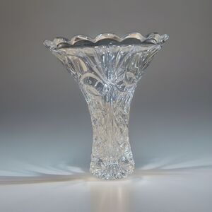 Pressed Glass Fluted Vase Floral & Pineapple Design 8" Tall Clear Round